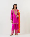 Fuschia Pink Short Tunic Set With An Orange Dupatta