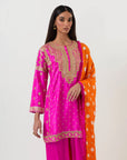 Fuschia Pink Short Tunic Set With An Orange Dupatta
