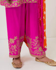 Fuschia Pink Short Tunic Set With An Orange Dupatta
