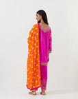 Fuschia Pink Short Tunic Set With An Orange Dupatta
