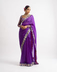 Purple Hand Cut Mirror Border Saree Set