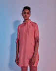 Light Coral Shirt Style Kurta With Lattice Printed Rolled Up Sleeves