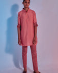 Light Coral Shirt Style Kurta With Lattice Printed Rolled Up Sleeves
