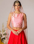 Red & Pink Embroidered Lehenga Set- Ready To Ship