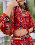 Burnt Orange Rasa Print Lehenga With Dolman Sleeves Crop Top