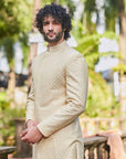 Beige Sherwani With Self Flower Butti And Pants