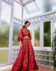Burnt Orange Rasa Print Lehenga With Dolman Sleeves Crop Top