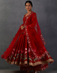 Red Silk Chanderi Printed & Embroidered Anarkali Set