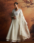 Ivory Embroidered Cutwork Woven Double Layer Angrakha Set