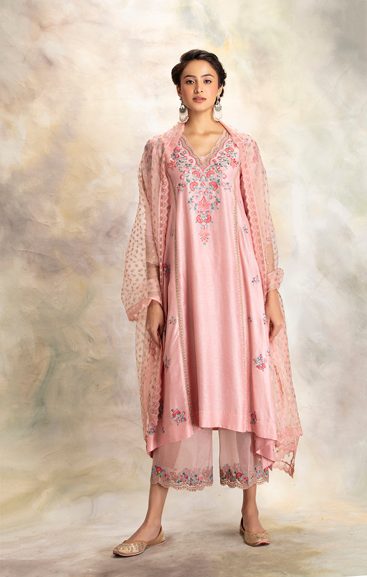 Enticing Fresh Old Rose Multicolour Floral Embroidered Kurta Set