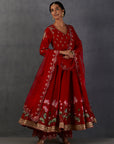 Red Silk Chanderi Printed & Embroidered Anarkali Set