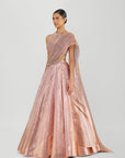 Metallic Fluted Tulle Skirt With A Beaded Halter Top And Crystalvein Drape - Rose