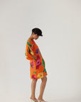 Big Botanical Orange Linen Short Dress
