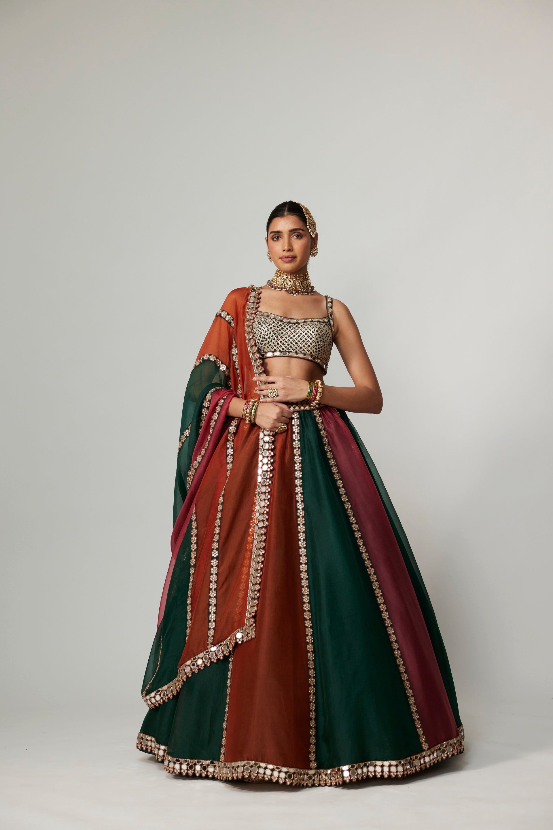 Cranberry Multicolor Linear Lehenga With Square Neck Blouse