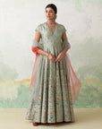 Aqua Dupion Printed & Emb. Anarkali Set