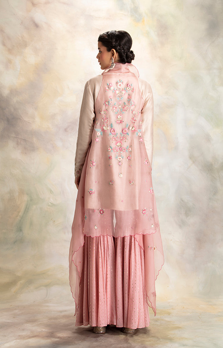 Toosh Self Floral Embroidered Short Kurti with Sharara &amp; Cape