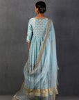 Aqua Silk Chanderi Printed & Embroidered Angrakha Style Anarkali Set