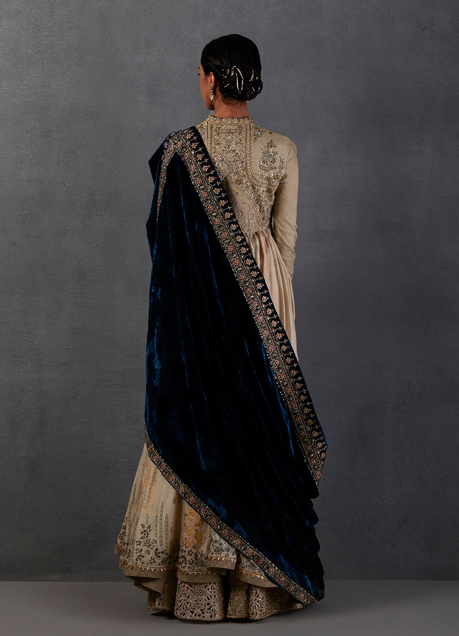Indigo Silk Velvet Embroidered Dushala