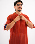 Red Herringbone Silk Kurta - Ready to Ship