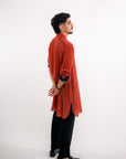 Red Herringbone Silk Kurta - Ready to Ship
