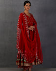 Red Chanderi Printed Embroidered Anarkali Set