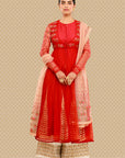 Attractive Red Embroidered Anarkali, Kurti, Izhaar & Dupatta Set