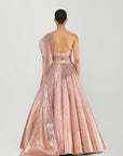 Metallic Fluted Tulle Skirt With A Beaded Halter Top And Crystalvein Drape - Rose