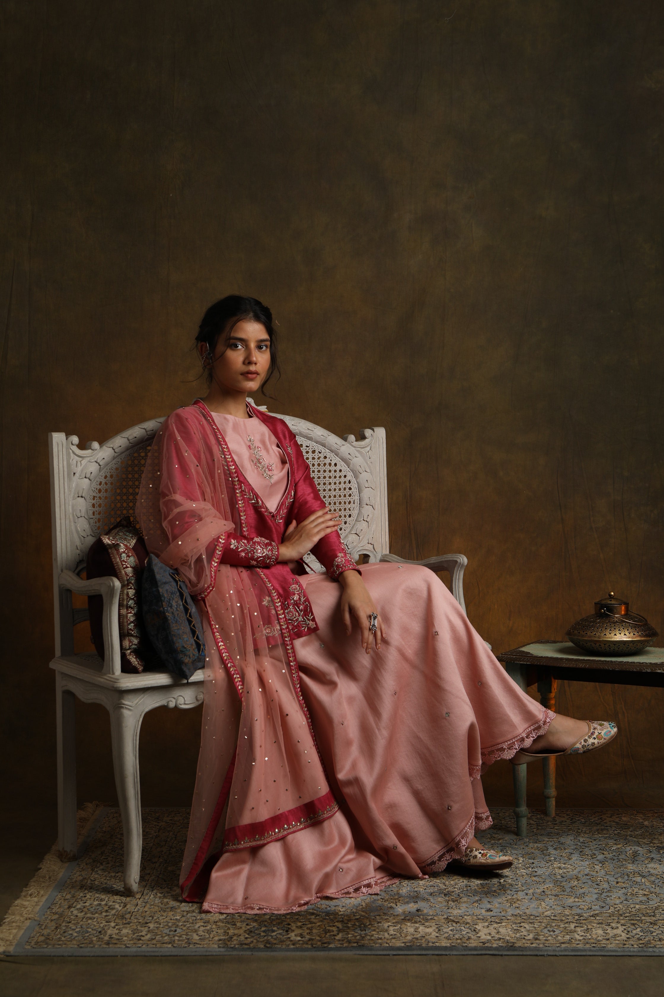 Marori Embroidered Double Layered Angrakha Style Kurti With Sharara &amp; Dupatta