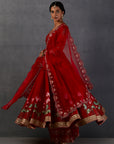 Red Chanderi Printed Embroidered Anarkali Set
