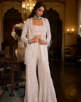 White Sequin  Open Jacket - Sharara Pant Set