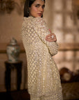 Cream Open Jacket Sharara - Pant Set