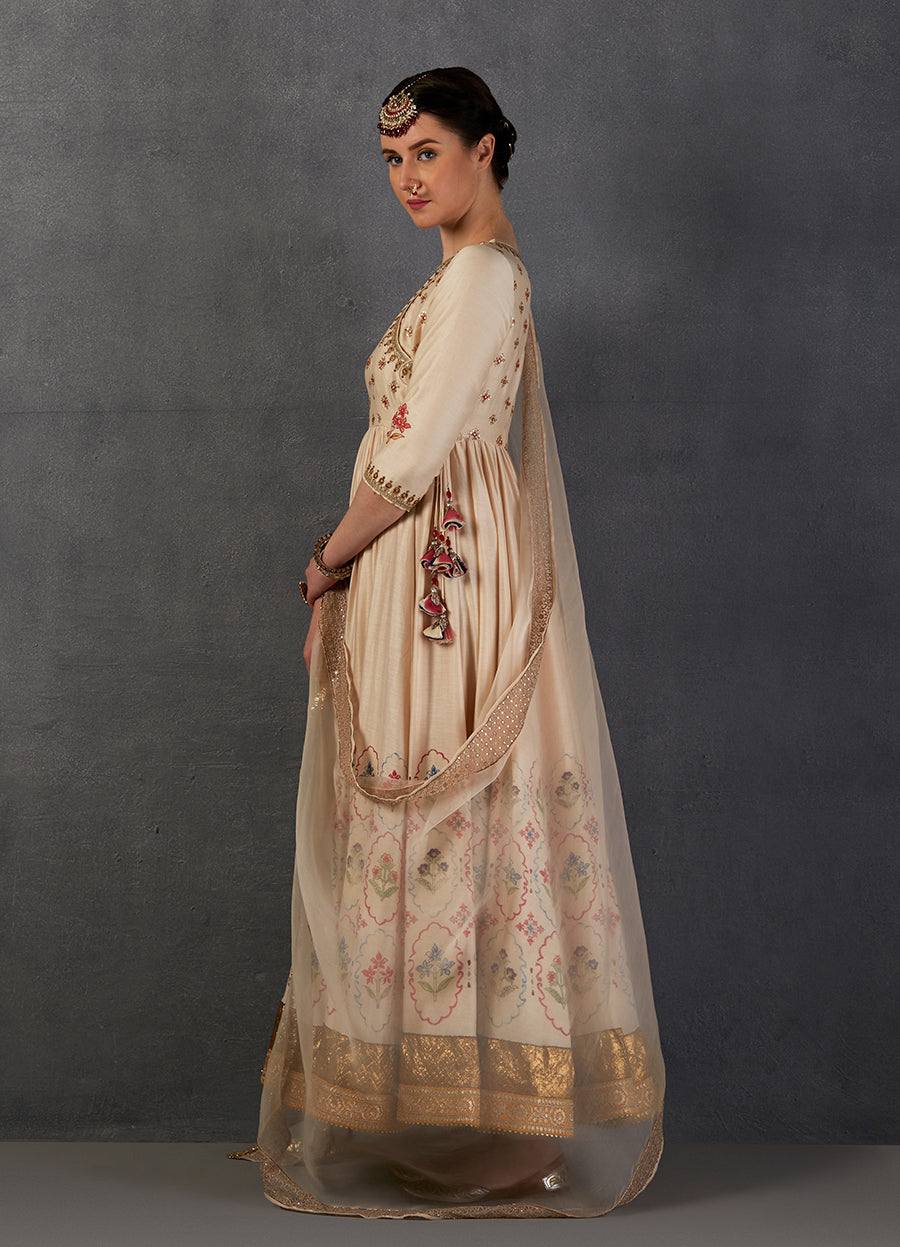 Old Rose Silk Chanderi Printed Embroidered Anarkali Set