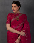Red Organza Embroidered Saree Set
