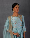 Aqua Silk Chanderi Printed & Embroidered Angrakha Style Anarkali Set
