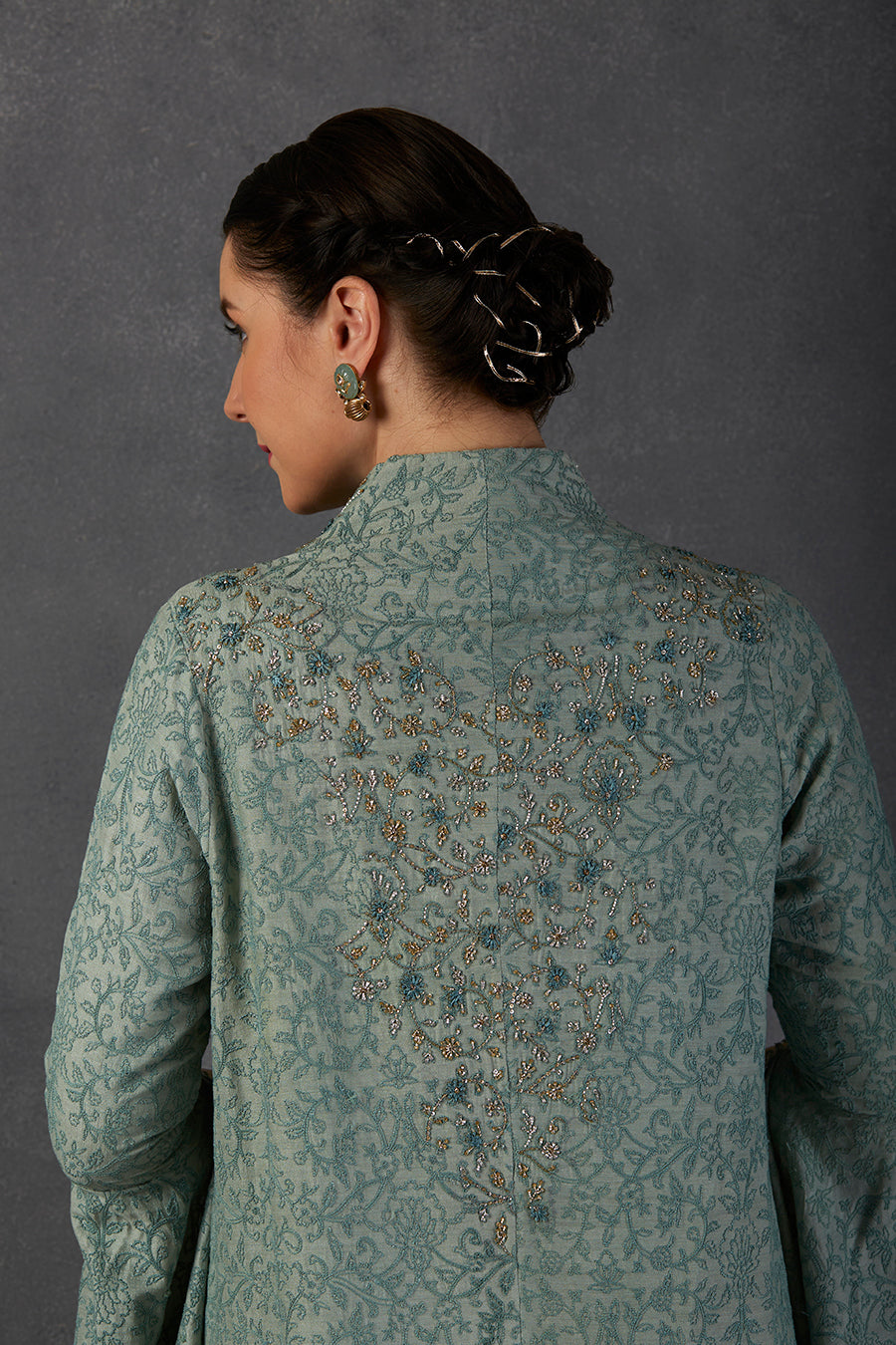 Aqua Chanderi Embroidered Jacket Set