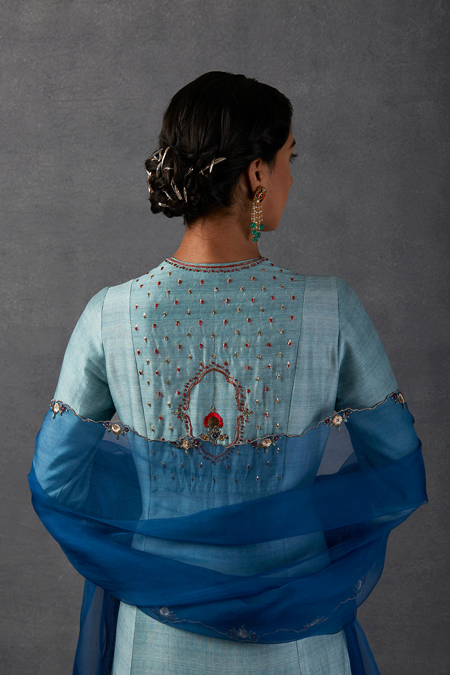 Aqua Silk Chanderi Printed-Embroidered Front Open Kurta - Ready to Ship