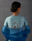 Aqua Silk Chanderi Printed-Embroidered Front Open Kurta