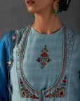 Aqua Silk Chanderi Printed-Embroidered Front Open Kurta