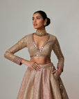 Deep Beige Multicolor V Neck Crop Top With Skirt