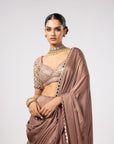 Deep Beige Satin Saree With Sweetheart Neck Blouse