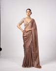 Deep Beige Satin Saree With Sweetheart Neck Blouse