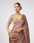 Deep Beige Satin Saree With Sweetheart Neck Blouse