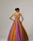 Mustard Multicolor Linear Lehenga With Cap Sleeve Blouse
