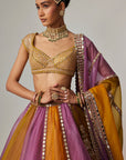 Mustard Multicolor Linear Lehenga With Cap Sleeve Blouse