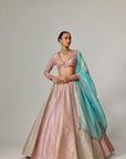 Dark Blush Multicolor Metallic Gota Crop Top Skirt With Aqua Dupatta