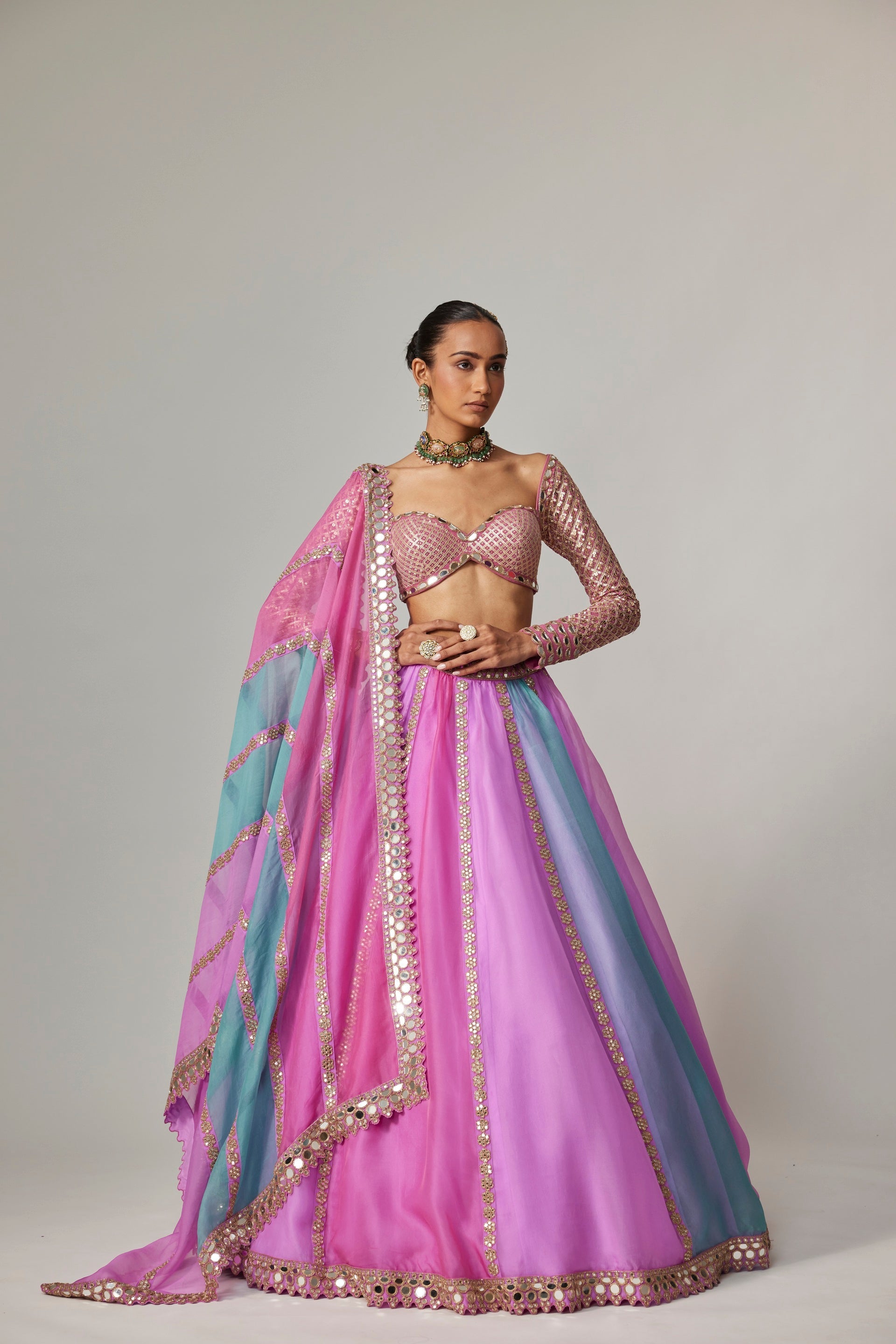 Mauve Multicolor Linear Lehenga With Sweetheart Full Sleeve Blouse