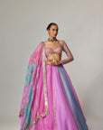 Mauve Multicolor Linear Lehenga With Sweetheart Full Sleeve Blouse