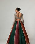 Cranberry Multicolor Linear Lehenga With Sweetheart Full Sleeve Blouse.
