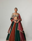 Cranberry Multicolor Linear Lehenga With Sweetheart Full Sleeve Blouse.