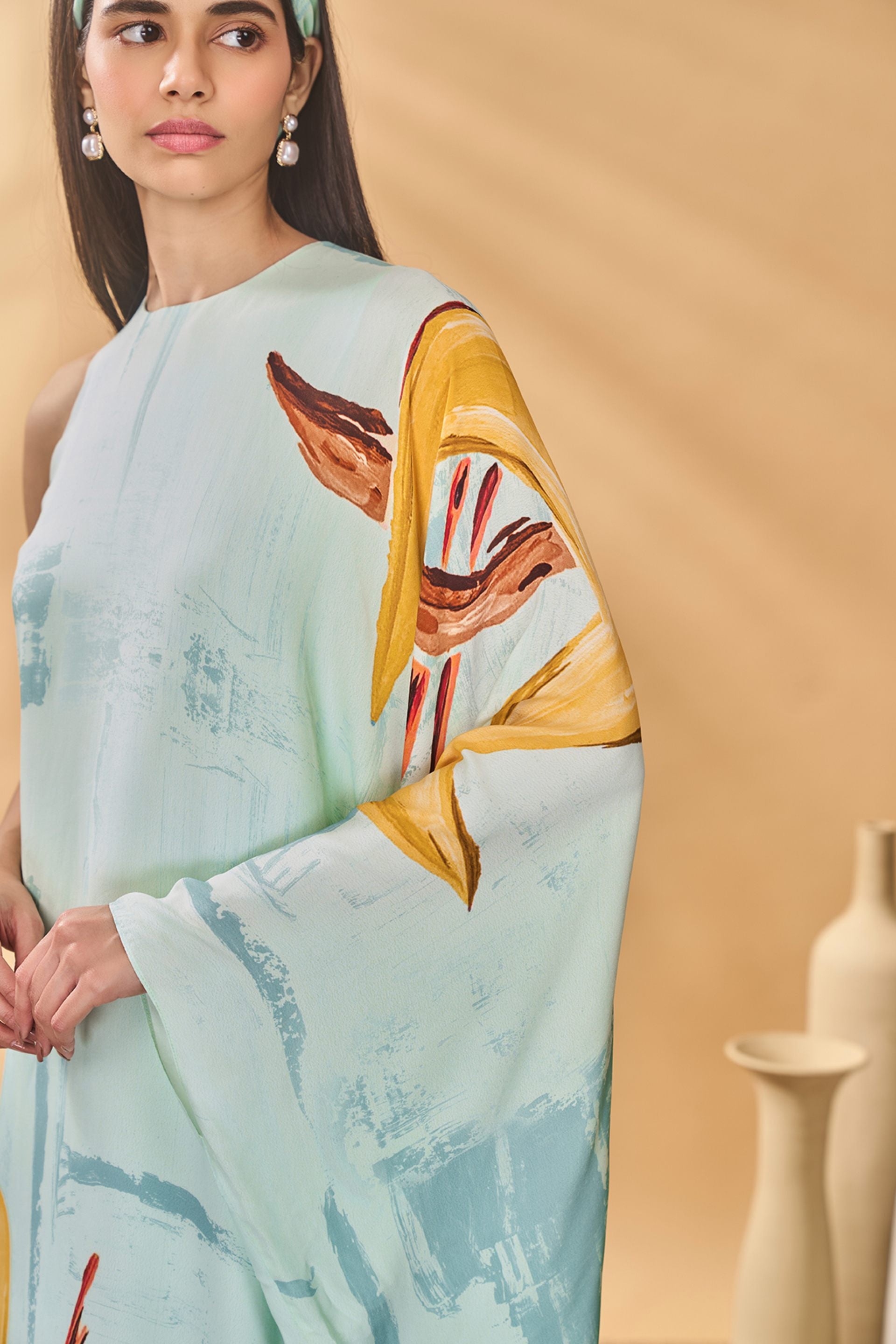 Blue Feathered Asymmetrical Kaftan